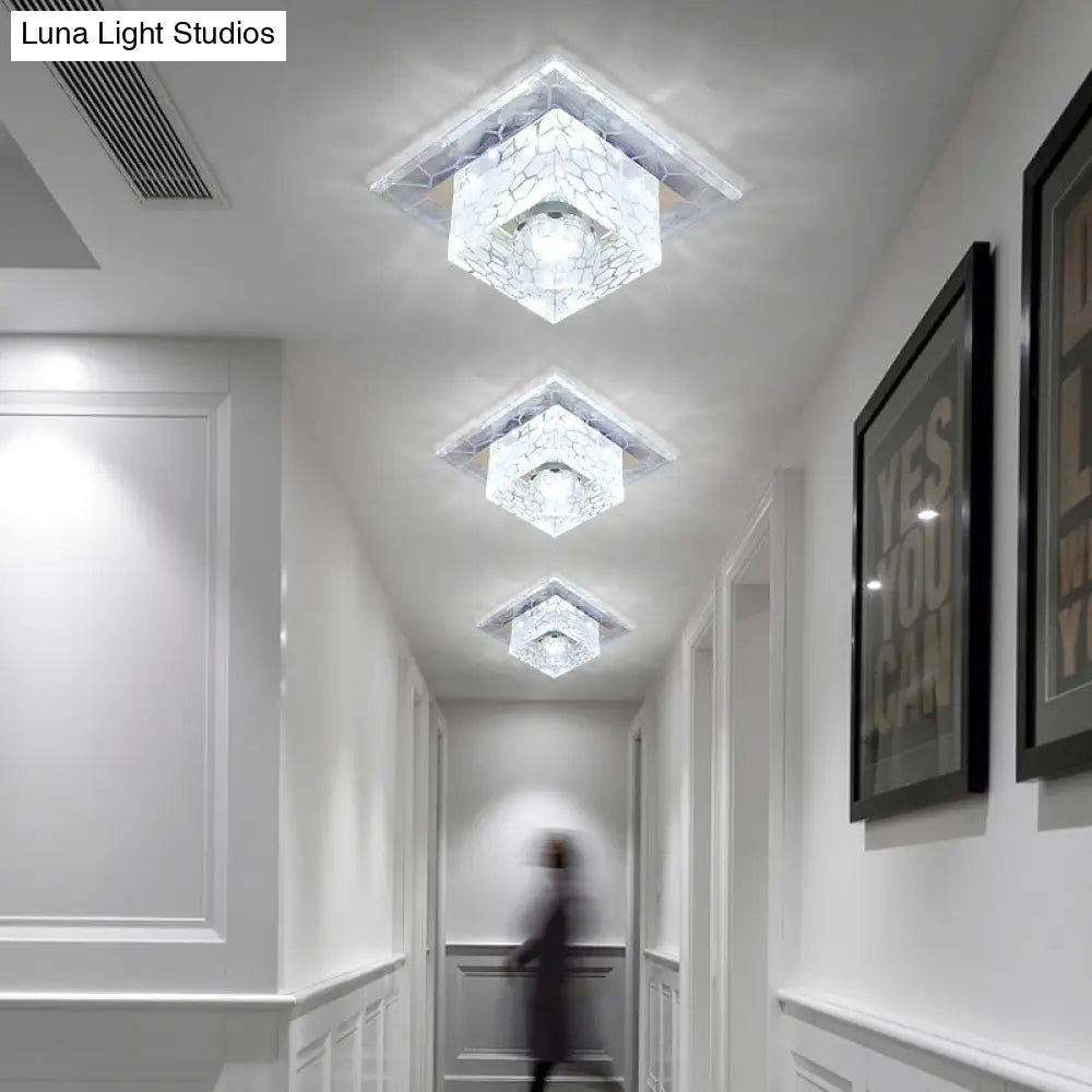 Minimalist Clear Led Crystal Square Flush Mount Lighting For Passage