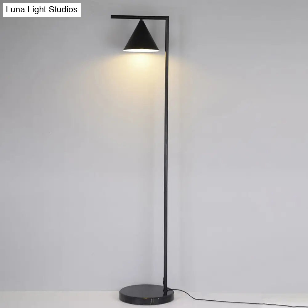 Minimalist Conical Shade Floor Light With Right Angle Arm - Black/Gold Finish Stand-Up Lamp