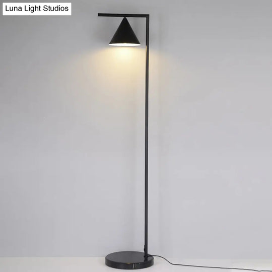 Minimalist Conical Shade Floor Light With Right Angle Arm - Black/Gold Finish Stand-Up Lamp