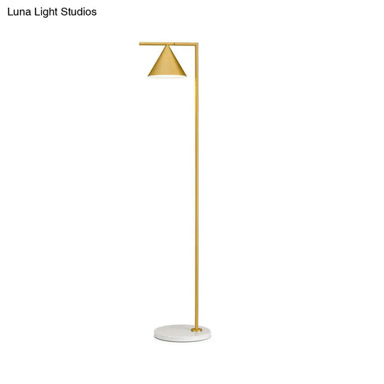 Minimalist Conical Shade Floor Light With Right Angle Arm - Black/Gold Finish Stand-Up Lamp