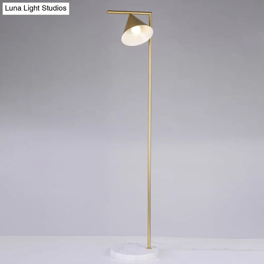 Minimalist Conical Shade Floor Light With Right Angle Arm - Black/Gold Finish Stand-Up Lamp