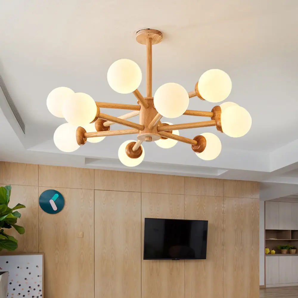 Sleek Minimalist Cream Glass Bedroom Chandelier Light With Wood-Embellished Modo Shaped