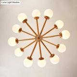 Sleek Minimalist Cream Glass Bedroom Chandelier Light With Wood-Embellished Modo Shaped