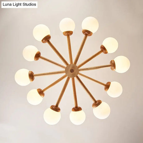 Sleek Minimalist Cream Glass Bedroom Chandelier Light With Wood-Embellished Modo Shaped
