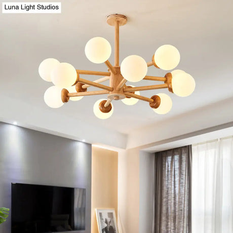 Sleek Minimalist Cream Glass Bedroom Chandelier Light With Wood-Embellished Modo Shaped