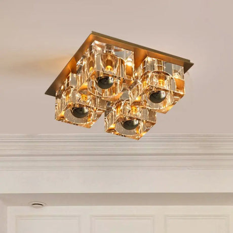 Minimalist Crystal Block 4 - Head Brass Ceiling Light For Bedroom Flushmount Lighting