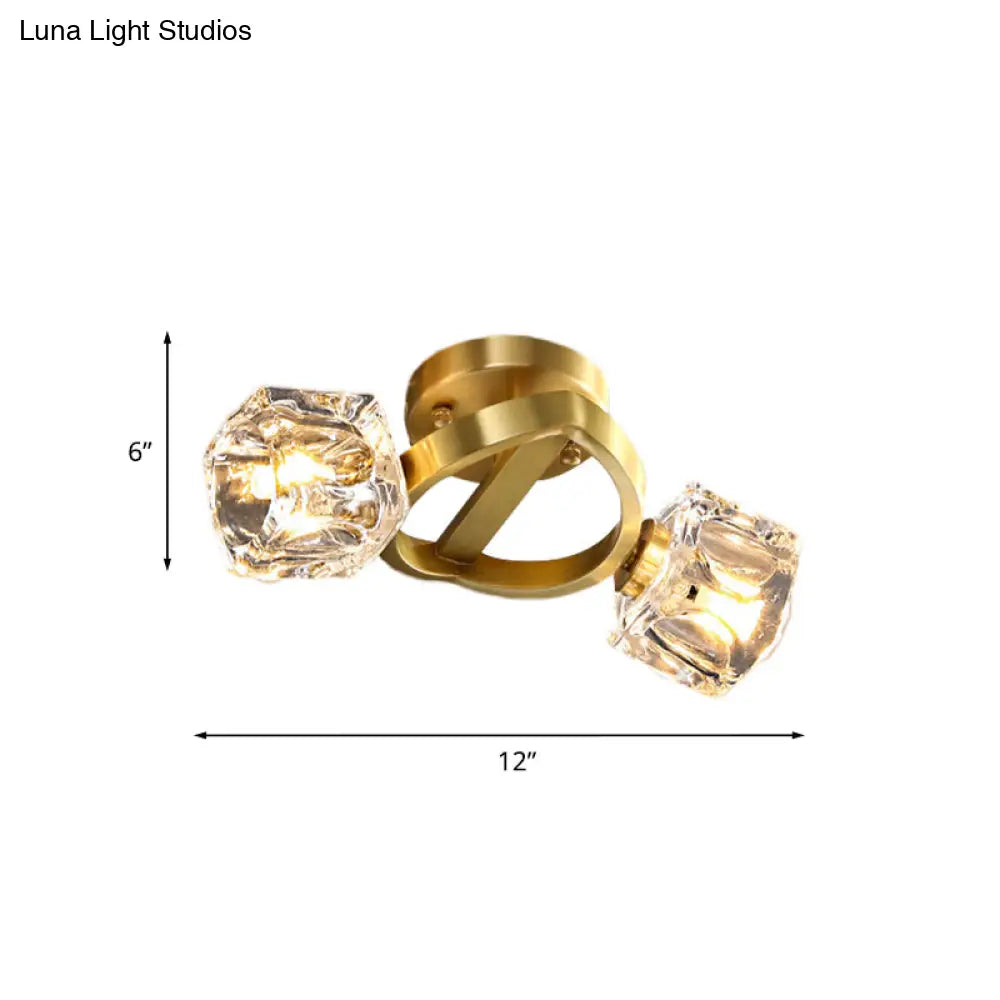 Minimalist Crystal Block Flush Ceiling Light In Brass - 2 - Light Semi Mount Fixture