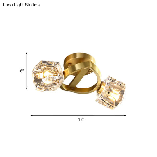 Minimalist Crystal Block Flush Ceiling Light In Brass - 2 - Light Semi Mount Fixture