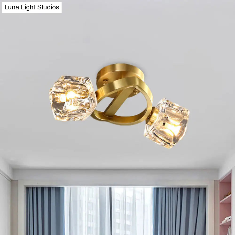 Minimalist Crystal Block Flush Ceiling Light In Brass - 2-Light Semi Mount Fixture