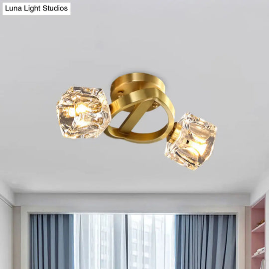 Minimalist Crystal Block Flush Ceiling Light In Brass - 2-Light Semi Mount Fixture