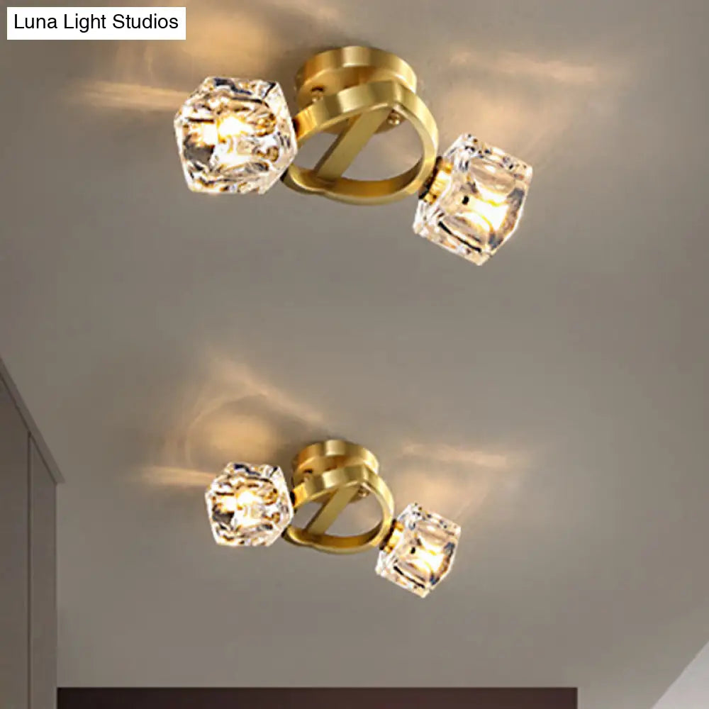 Minimalist Crystal Block Flush Ceiling Light In Brass - 2 - Light Semi Mount Fixture
