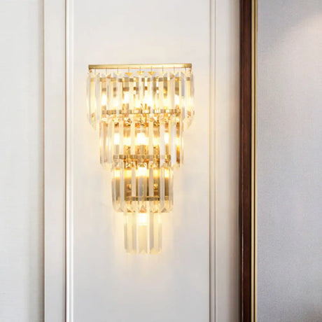 Minimalist Crystal Block Tiered Wall Light - 7 Gold Finish Sconce