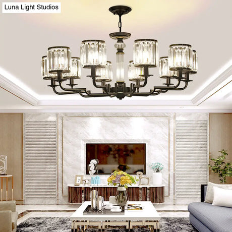 Minimalist Crystal Cylinder Pendant Lamp: Black Finish Chandelier For Bedroom