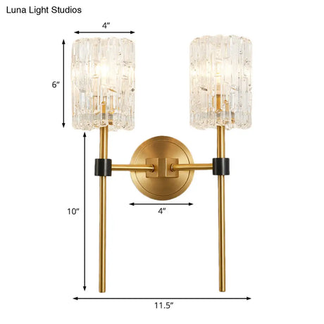 Minimalist Crystal Cylindrical Wall Sconce - 1/2 Lights Brass Fixture For Living Room