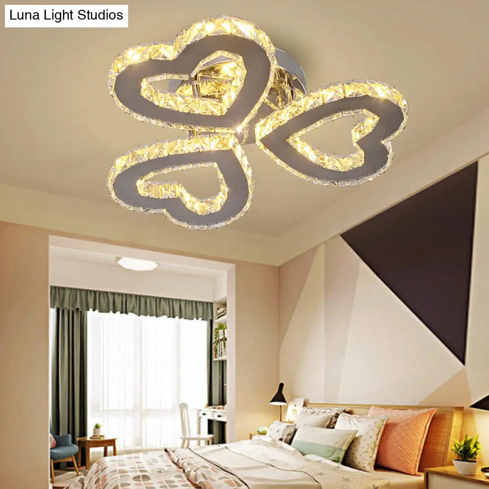 Minimalist Crystal Led Ceiling Light For Bedroom - Heart Shaped Semi Flush Stainless Steel Finish