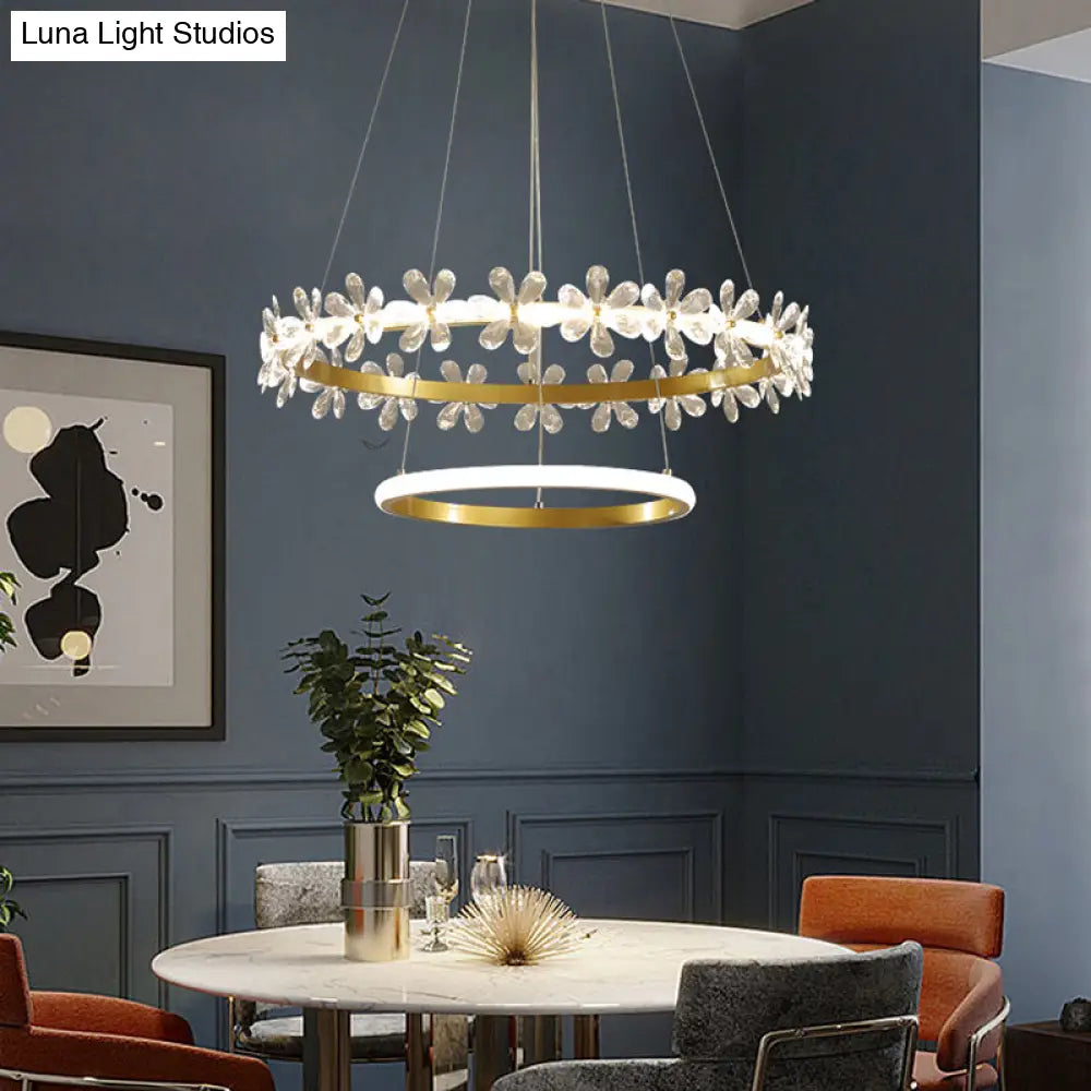 Minimalist Crystal Led Chandelier With Gold Finish & Metal Ring