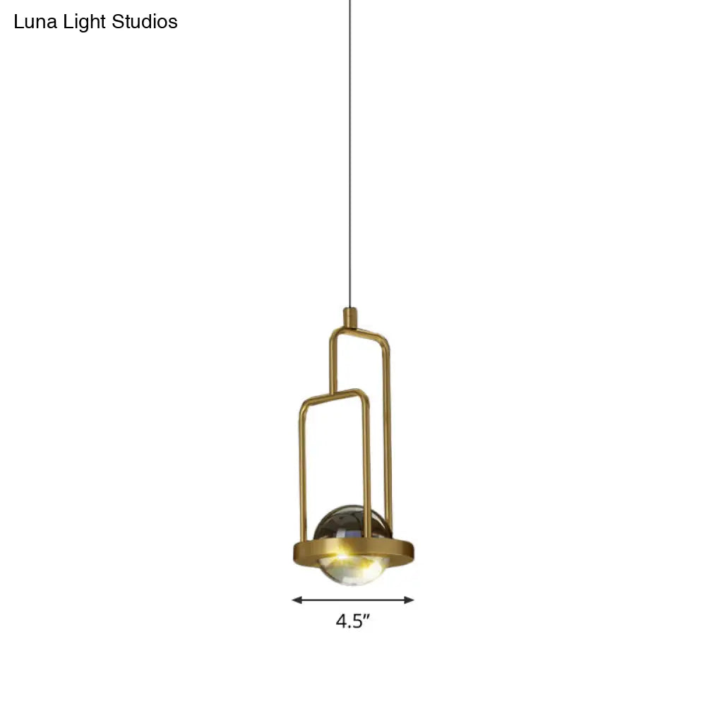 Gold Crystal Pendant Lamp - Minimalist Clear Rectangular Frame 1-Light