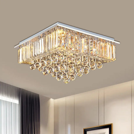 Minimalist Crystal Square Flush Mount Light - 5 - Head Chrome Ceiling Fixture