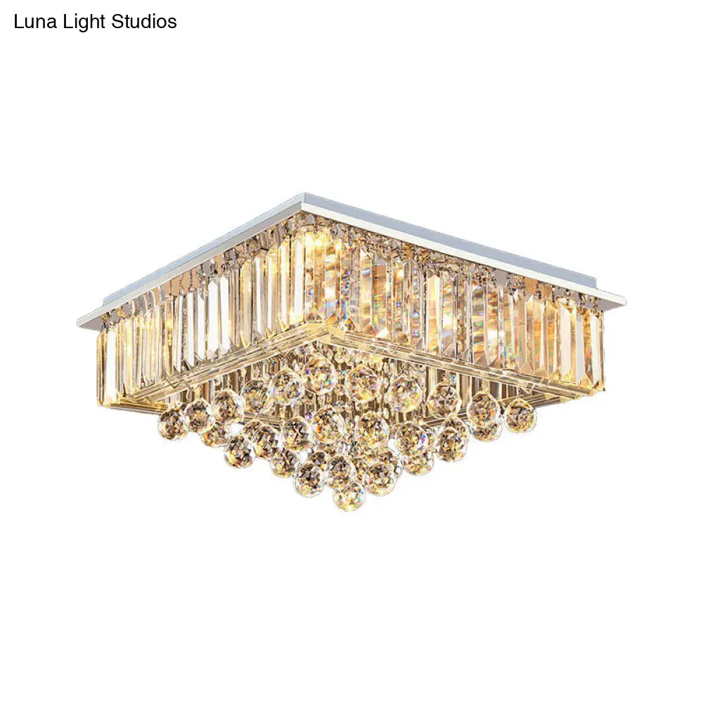 Minimalist Crystal Square Flush Mount Light - 5 - Head Chrome Ceiling Fixture