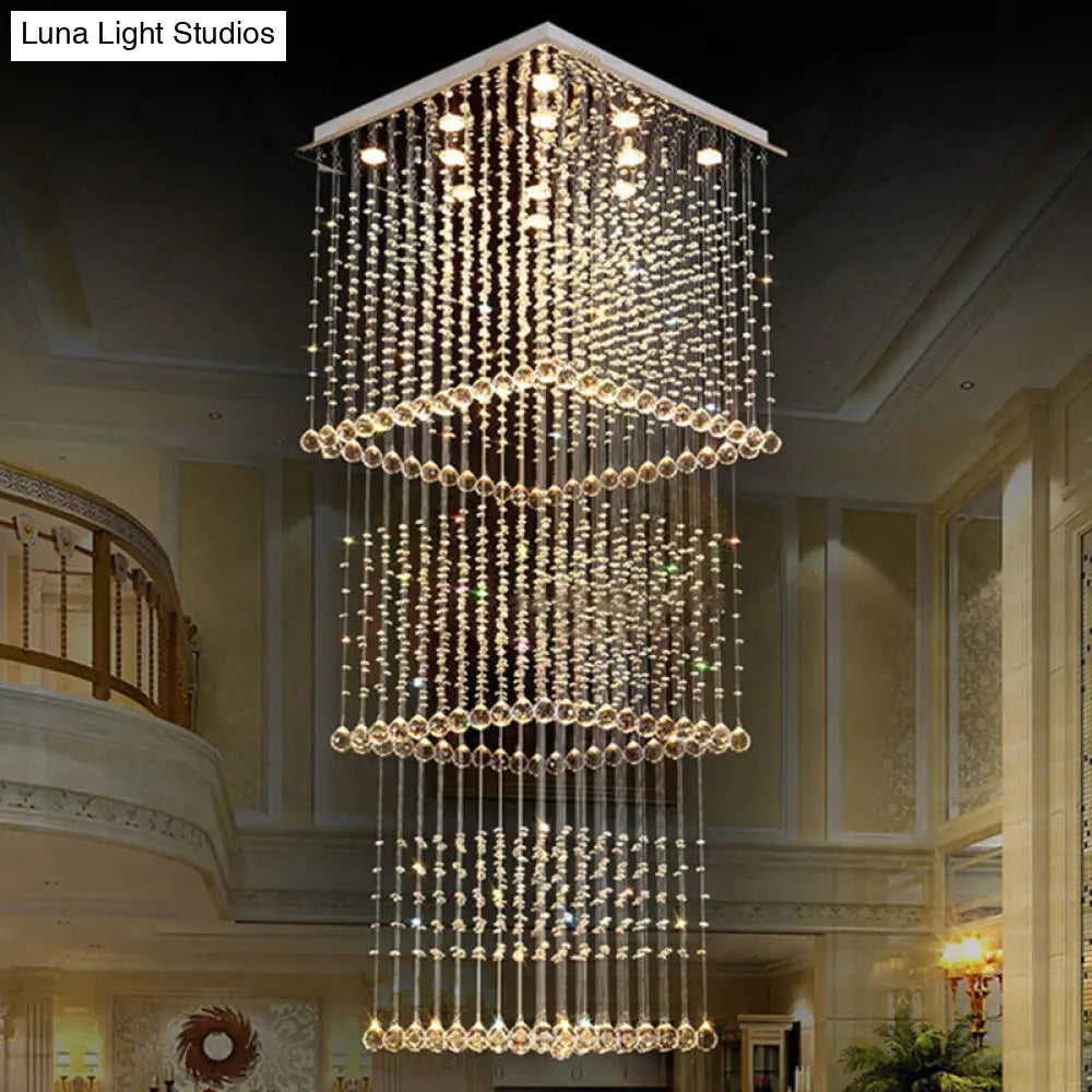 Silver Crystal Square Hanging Light - Minimalist Led Multi Lamp Pendant With 13 Bulbs For Stairs