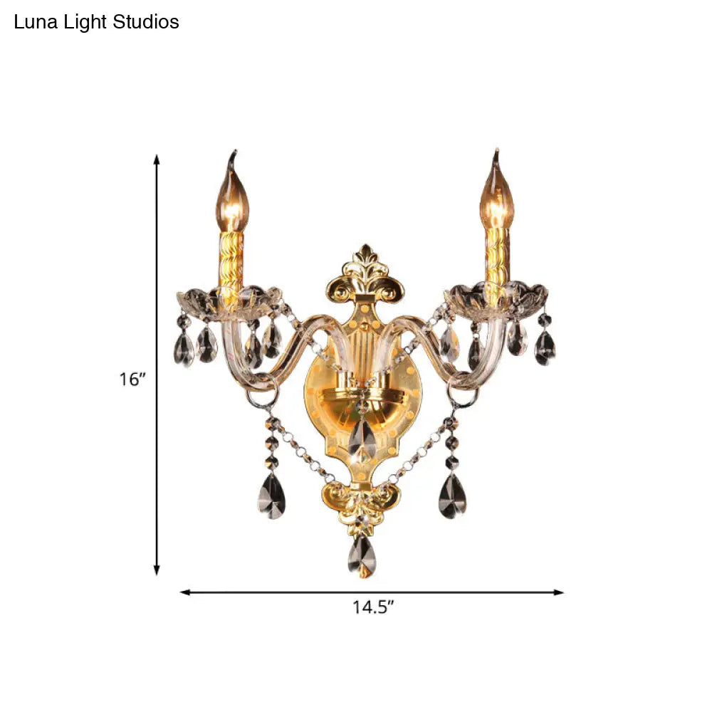 Minimalist Crystal Teardrop Wall Sconce - 2-Light Gold Candlestick Fixture