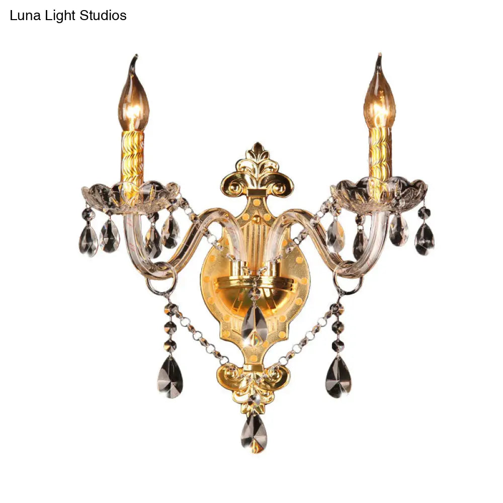 Minimalist Crystal Teardrop Wall Sconce - 2-Light Gold Candlestick Fixture