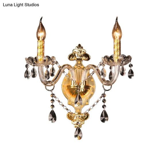 Minimalist Crystal Teardrop Wall Sconce - 2-Light Gold Candlestick Fixture