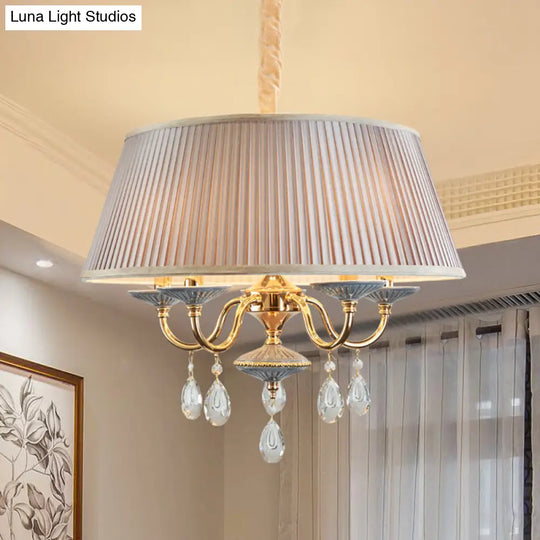 Minimalist Drum Fabric Pendant Chandelier With Crystal Droplets Grey