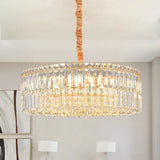 Minimalist Drum Shaped Crystal Chandelier Pendant With Layered Clear Crystals & 6 Bulbs
