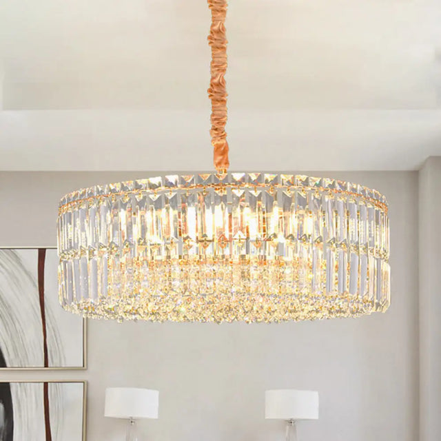 Minimalist Drum Shaped Crystal Chandelier Pendant With Layered Clear Crystals & 6 Bulbs