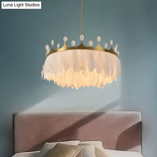 Minimalist Feather Crown Pendant Light - White Suspension With Crystal Deco