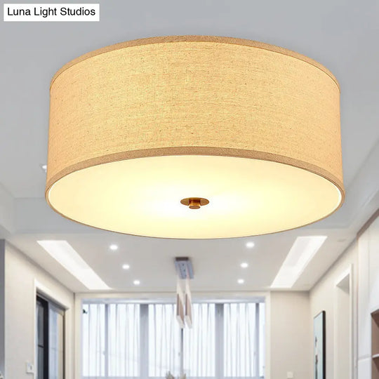 Minimalist Flaxen Ceiling Lamp With Drum Fabric Shade - Perfect For Dining Rooms