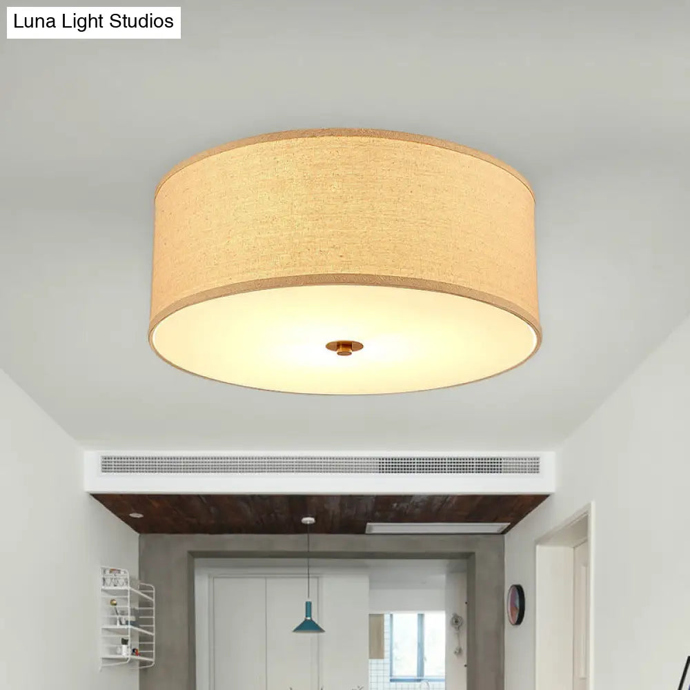 Minimalist Flaxen Ceiling Lamp With Drum Fabric Shade - Perfect For Dining Rooms