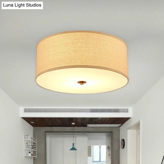 Minimalist Flaxen Ceiling Lamp With Drum Fabric Shade - Perfect For Dining Rooms