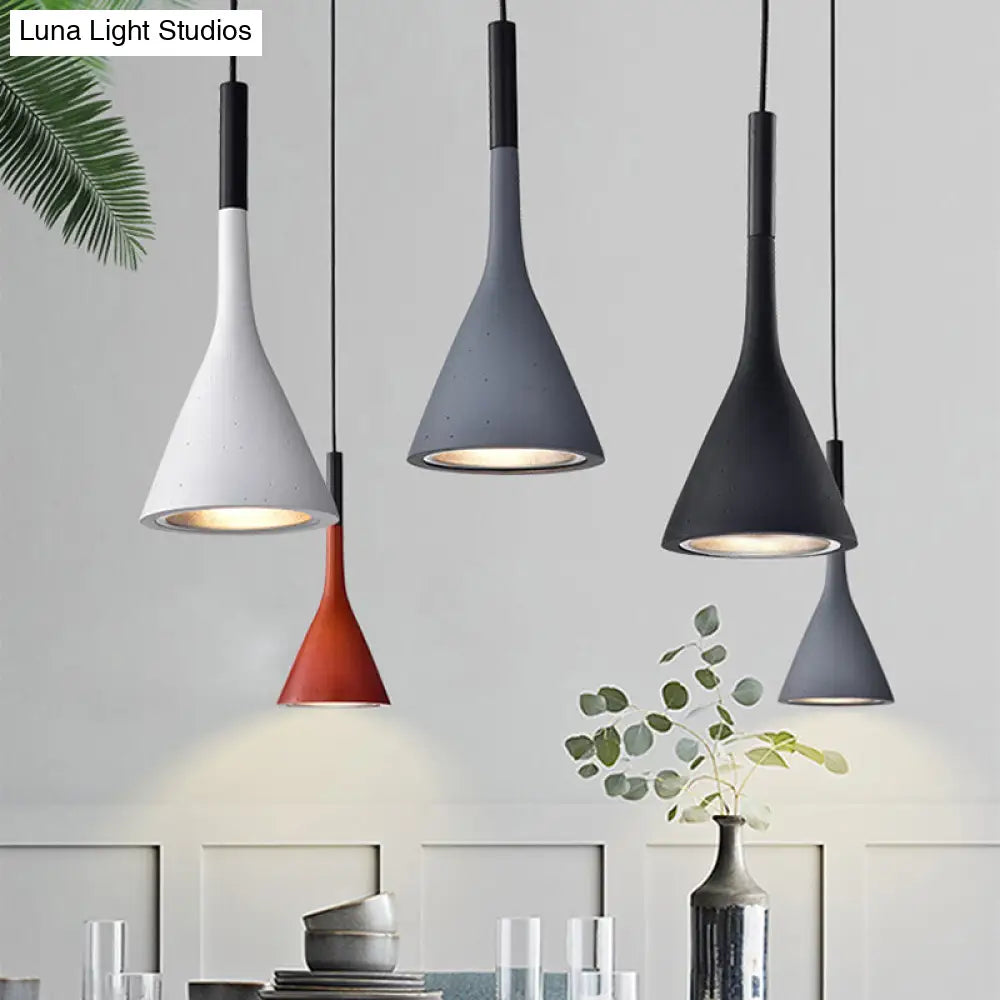 Minimalist Funnel Pendant Light In Red/Black/White Single Cement Hanging Fixture For Bedside