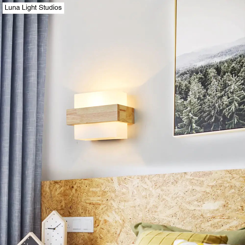 Minimalist Geometric Stairs Wall Sconce - Cream Glass Single Flush Light In Wood
