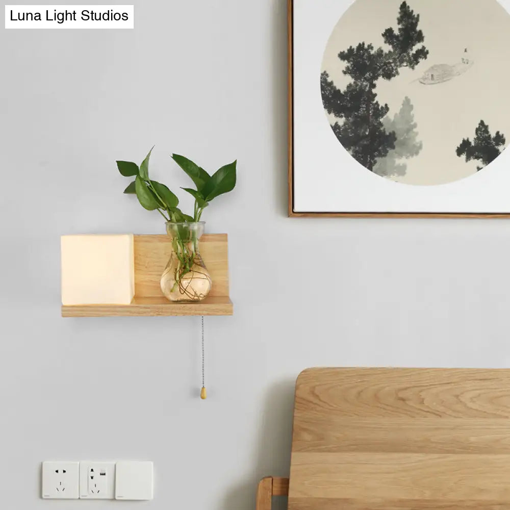 Minimalist Geometric Stairs Wall Sconce - Cream Glass Single Flush Light In Wood