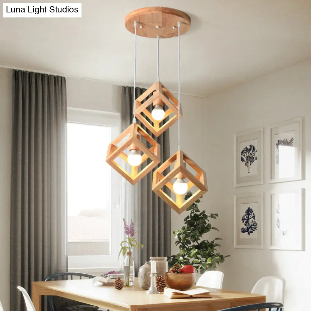 Minimalist Geometric Wood Ceiling Light With 3 Bulbs For Dining Rooms / Square Plate Round