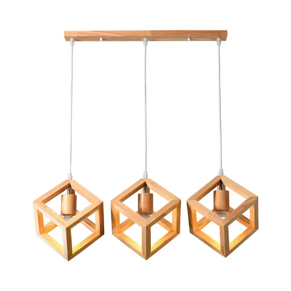 Minimalist Geometric Wood Pendant Light With Multi Ceiling Bulbs - Ideal For Dining Room / Square
