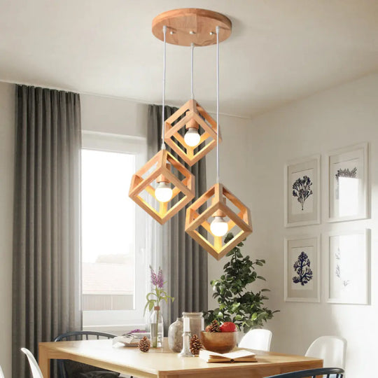 Minimalist Geometric Wood Pendant Light With Multi Ceiling Bulbs - Ideal For Dining Room / Square