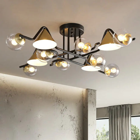 Minimalist Glass Semi Flush Ceiling Light - Cone And Ball Shaped Black - Brass Finish 12 / Clear