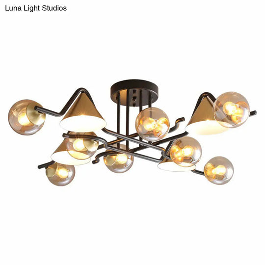 Minimalist Glass Semi Flush Ceiling Light - Cone And Ball Shaped Black-Brass Finish