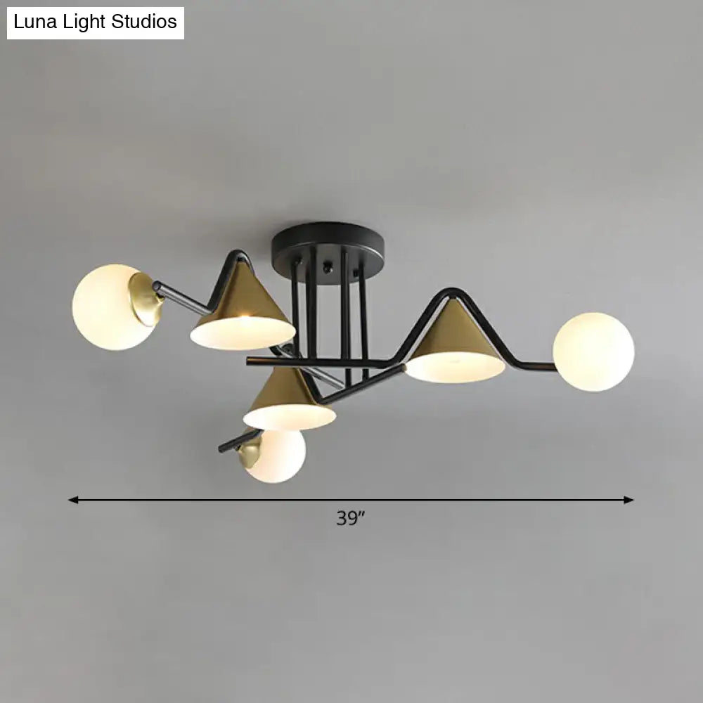Minimalist Glass Semi Flush Ceiling Light - Cone And Ball Shaped Black - Brass Finish 6 / Cream