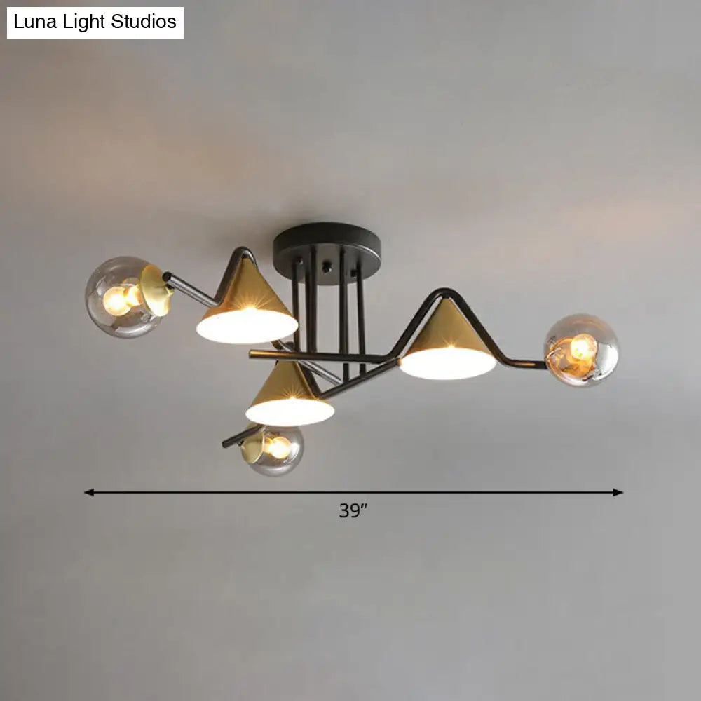 Minimalist Glass Semi Flush Ceiling Light - Cone And Ball Shaped Black - Brass Finish 6 / Smoke Gray