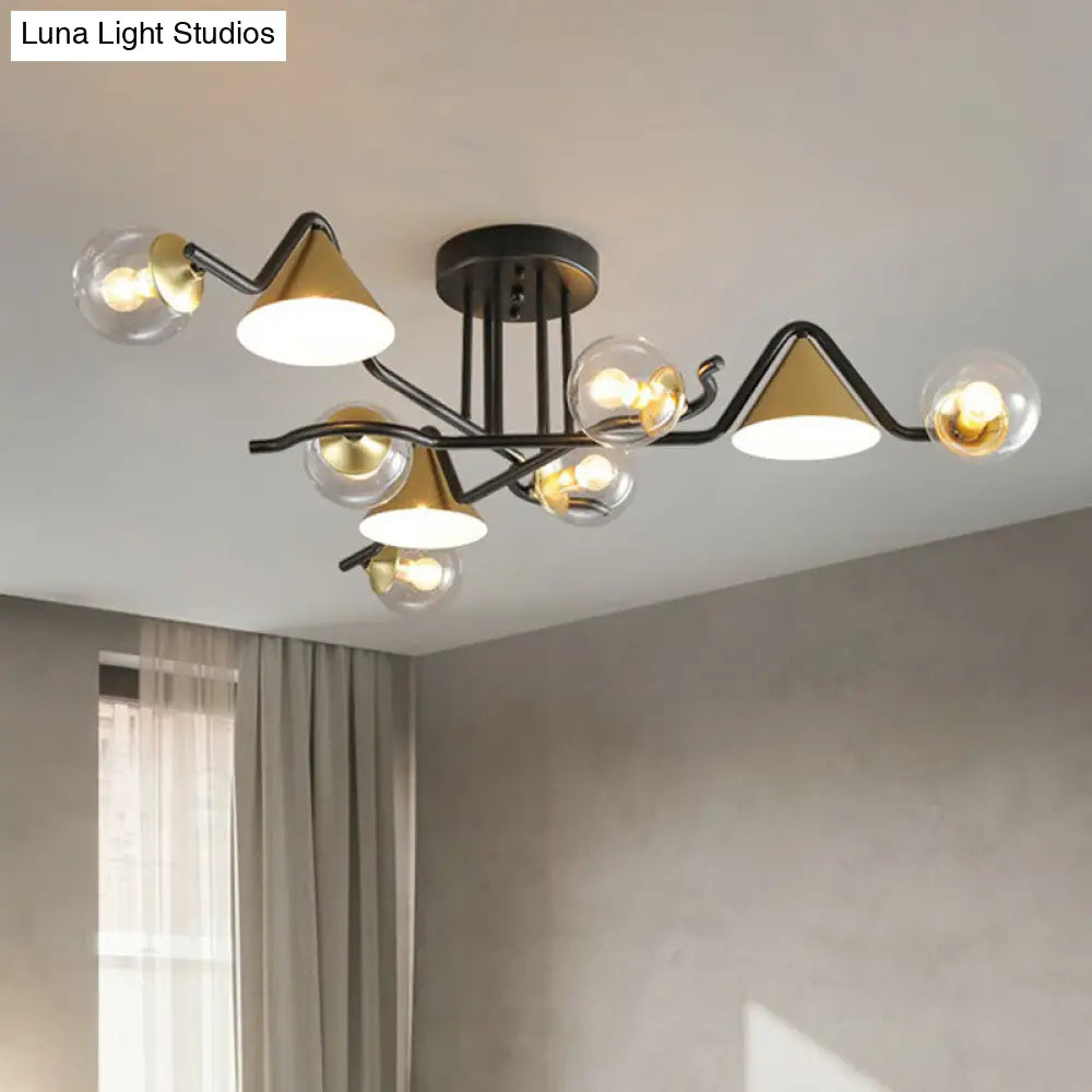 Minimalist Glass Semi Flush Ceiling Light - Cone And Ball Shaped Black - Brass Finish 9 / Clear