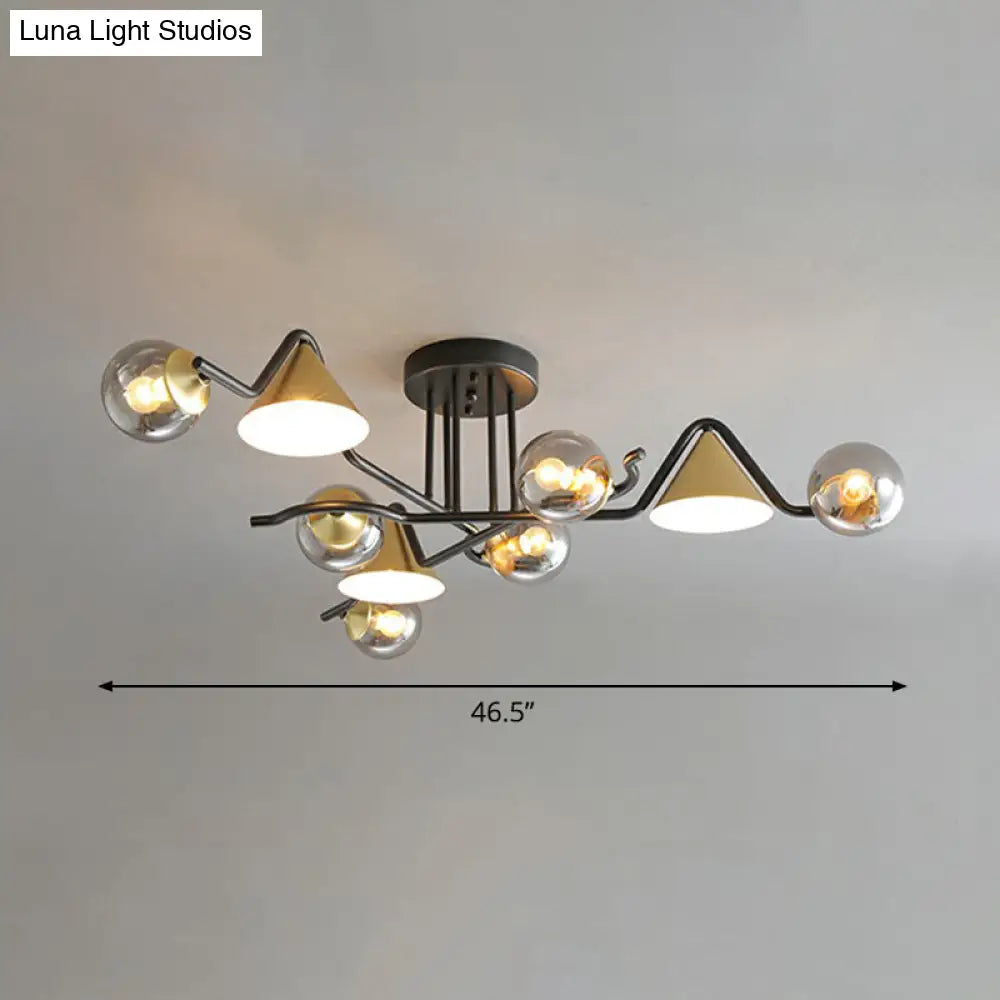 Minimalist Glass Semi Flush Ceiling Light - Cone And Ball Shaped Black - Brass Finish 9 / Smoke Gray