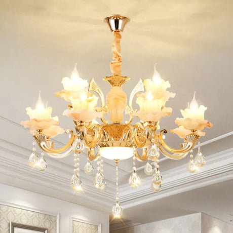 Minimalist Gold Chandelier With Blossom Jade Crystal Draping And Hanging Lamp Kit 12 / A