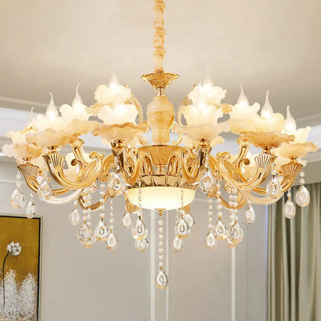 Minimalist Gold Chandelier With Blossom Jade Crystal Draping And Hanging Lamp Kit 18 / A
