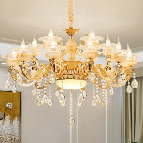 Minimalist Gold Chandelier With Blossom Jade Crystal Draping And Hanging Lamp Kit 18 / B