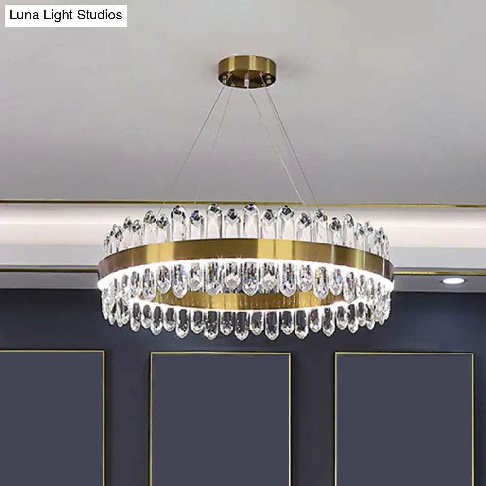 Minimalist Gold Halo Chandelier Pendant With Led Crystal Icicle - Elegant Hanging Light Fixture